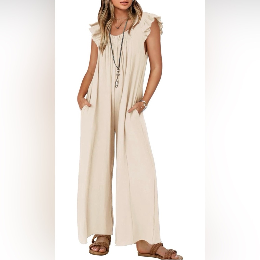 Wide Leg Ruffle Sleeve Jumpsuit in Cream